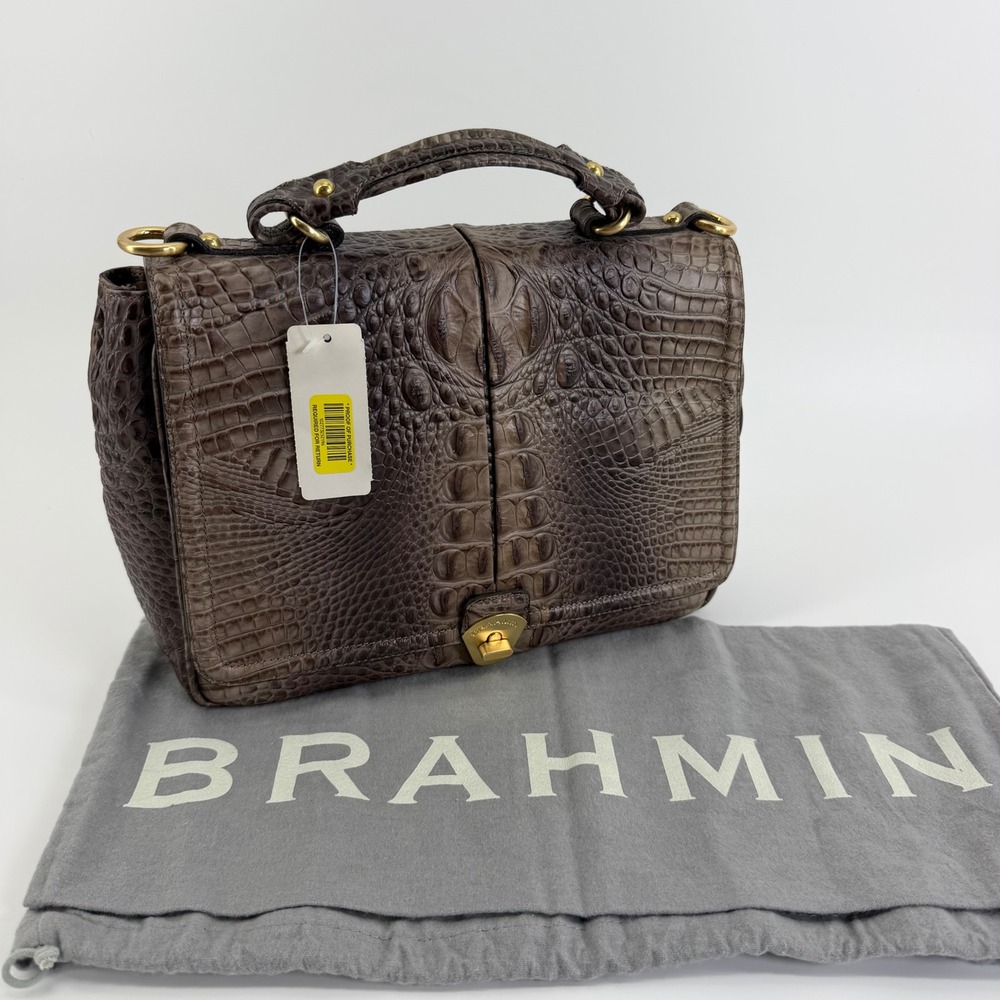 Brahmin Vintage Croc Embossed Leather Flap Satchel Bag Taupe Grey Brown Dustbag